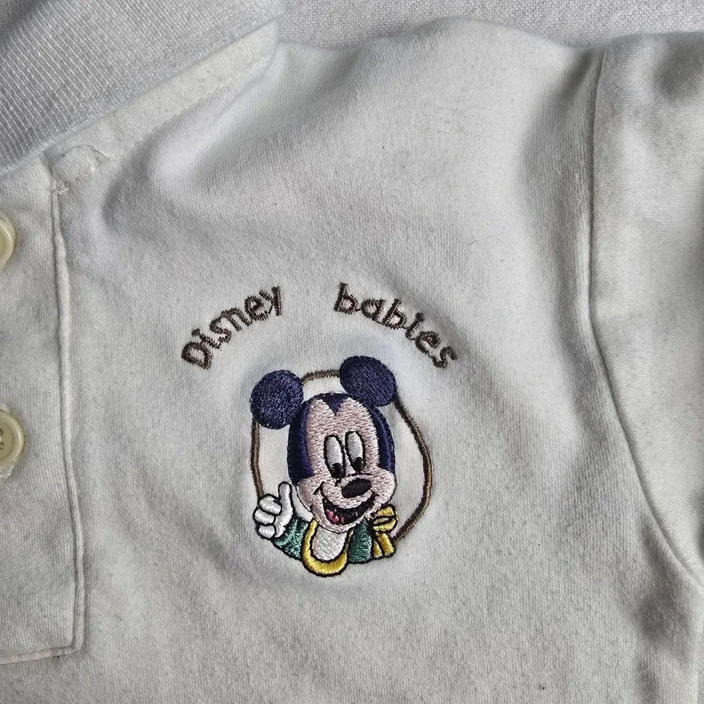 Disney Baby Mickey VTG Unisex White Henley Long Sleeve 12mo‎ Collared Shirt